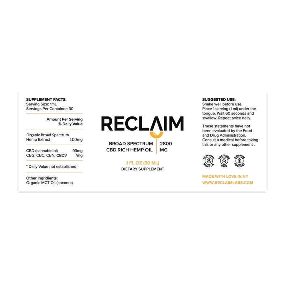 Reclaim Labs 2800mg CBD Oil label – supplement facts, 93mg CBD per 1ml serving, suggested use