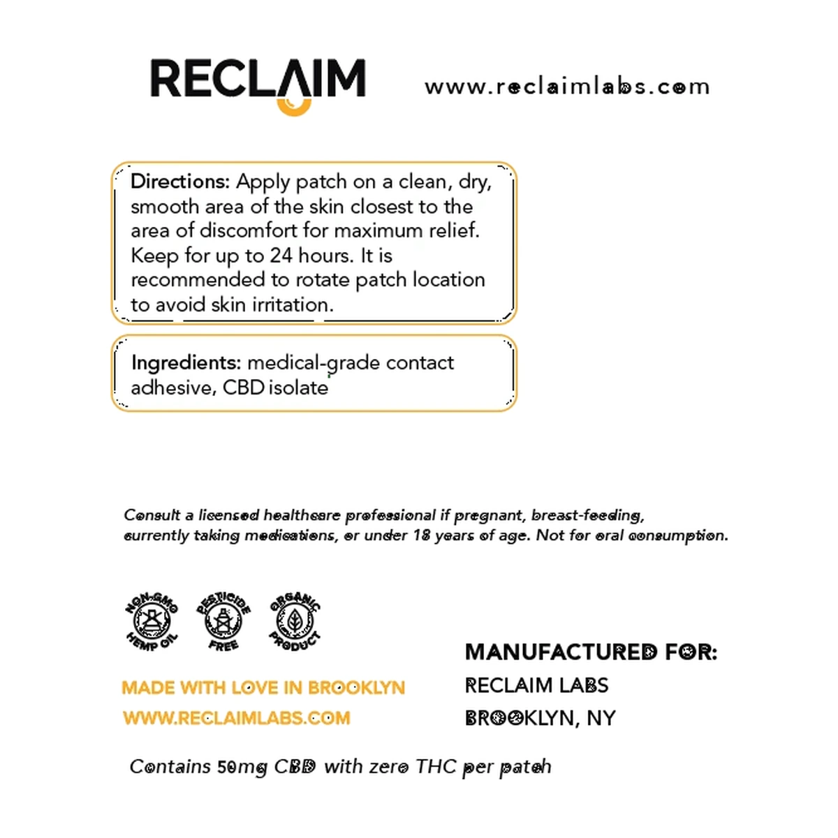 Reclaim Labs 50mg CBD Patch – directions, ingredients, and warnings panel