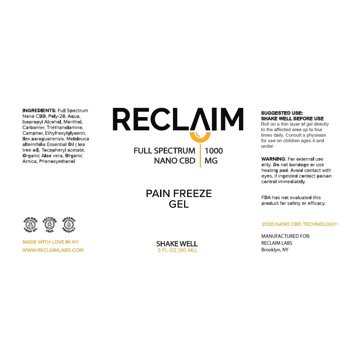 Reclaim Labs CBD Roll-On label – full ingredients, suggested use, and warnings